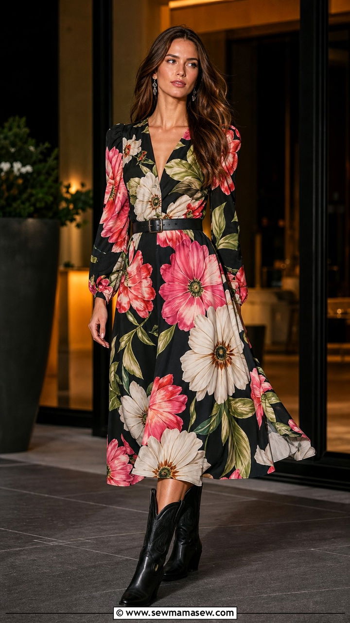 Bold Floral Print Dress With Minimalist Western Accessories - 25 Spring western outfits 2026