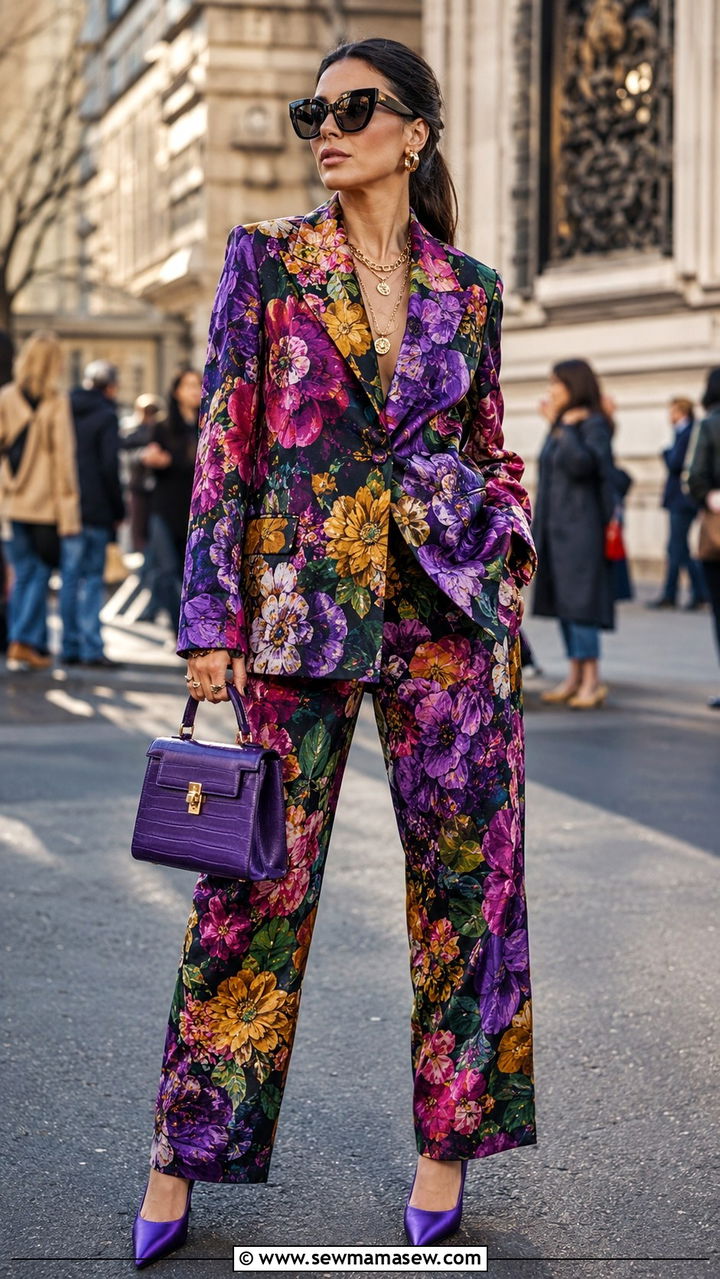 Bold Floral Suit With Contrasting Heels And Oversized Sunglasses - 30 maximalist outfits ideas