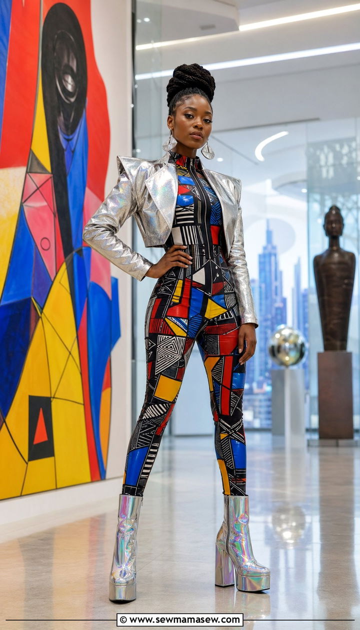 Bold Geometric Print Jumpsuit With Metallic Crop Jacket - 35 aesthetic outfits for women