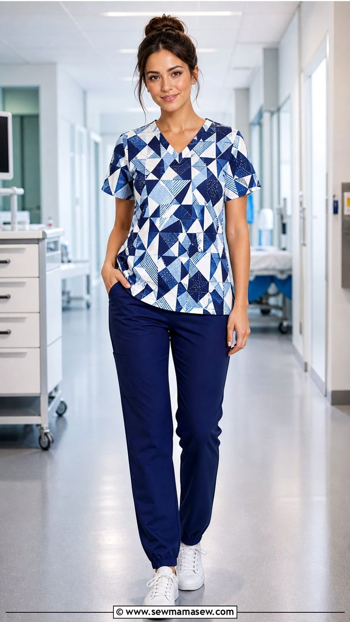 Bold Geometric Print Scrub Top With Solid Pants - 25 Summer nurse outfits