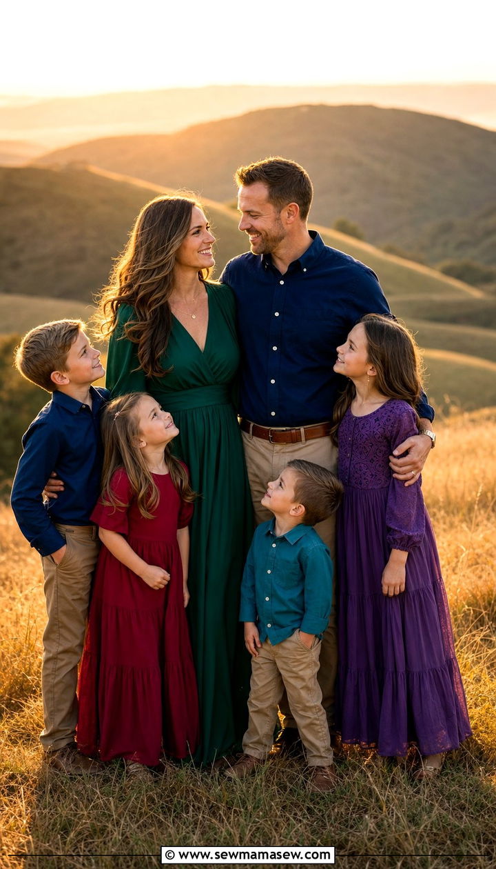 Bold Jewel Tone Family Photo Outfits on a Grassy Hill - 25 Family photo outfit ideas summer 2026