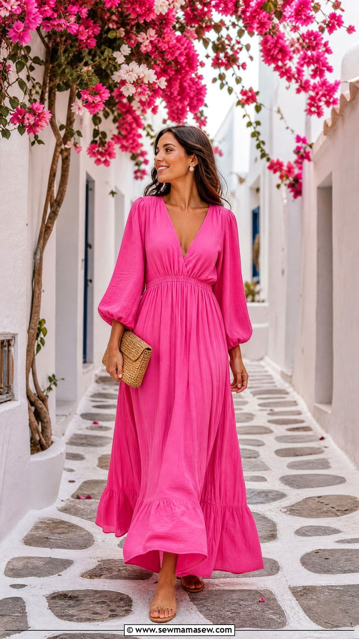 Bold Pink Maxi Dress With Woven Rattan Clutch - 30 Greek vacation outfit ideas 2026