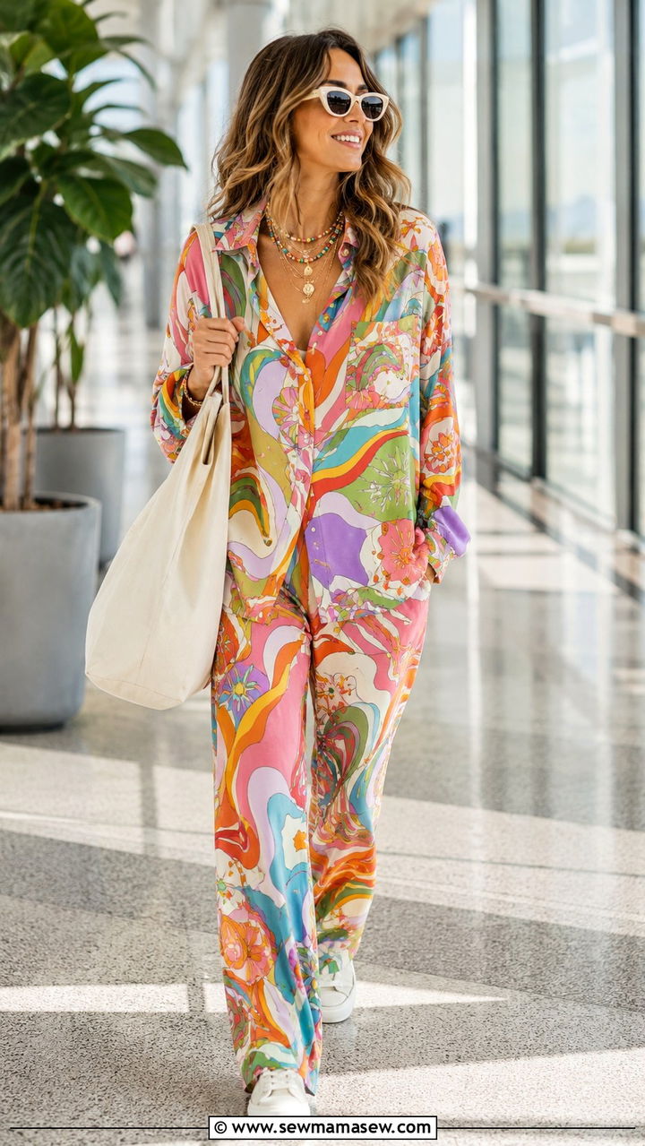 Bold Print Matching Set With White Sneakers And A Canvas Tote - 30 casual maximalist outfits