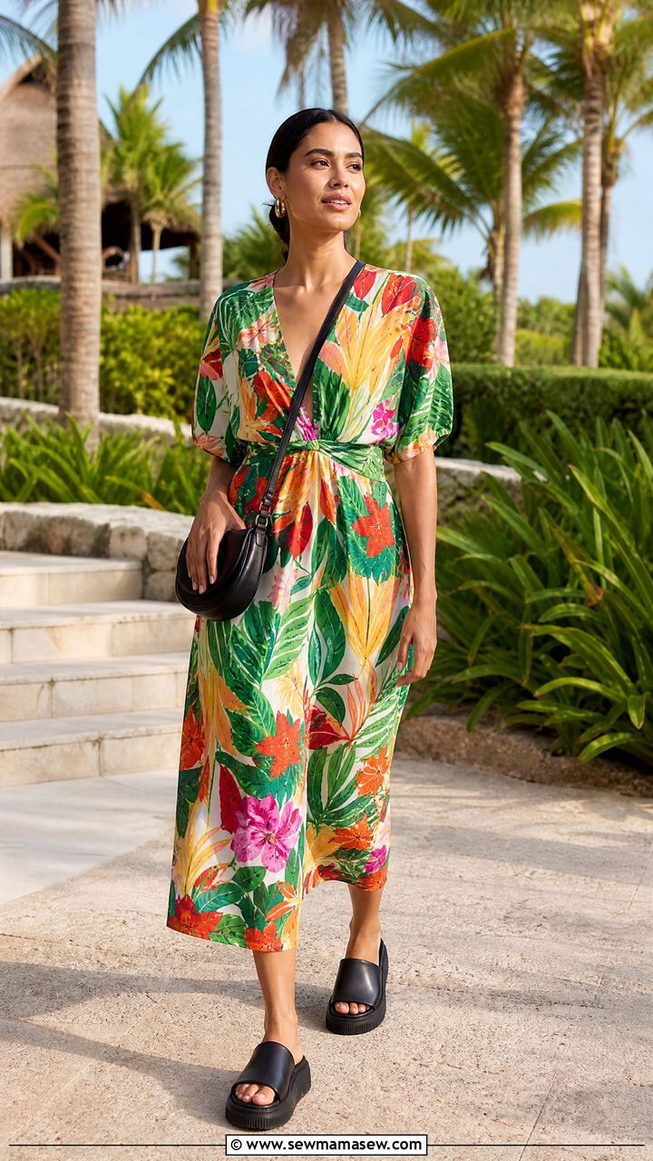 Bold Print Midi Dress With Slides - 35 midi dress outfit ideas for women