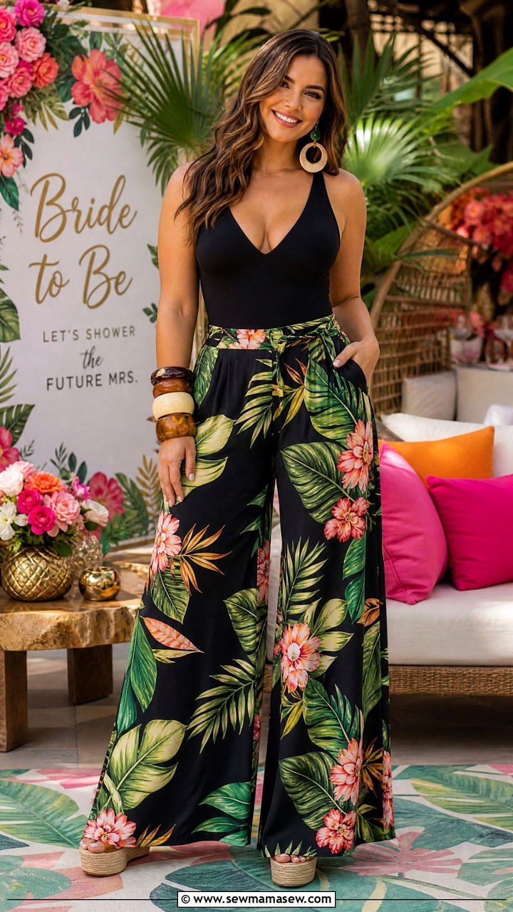 Bold Print Palazzo Pants And Bodysuit Outfit - 30 bridal shower outfit ideas for women