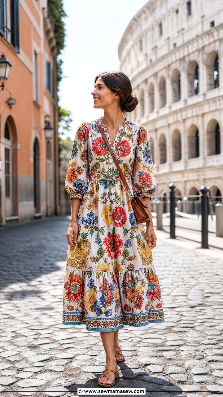 Bold Printed Midi Dress with Minimal Sandals - 25 classy Italy outfits