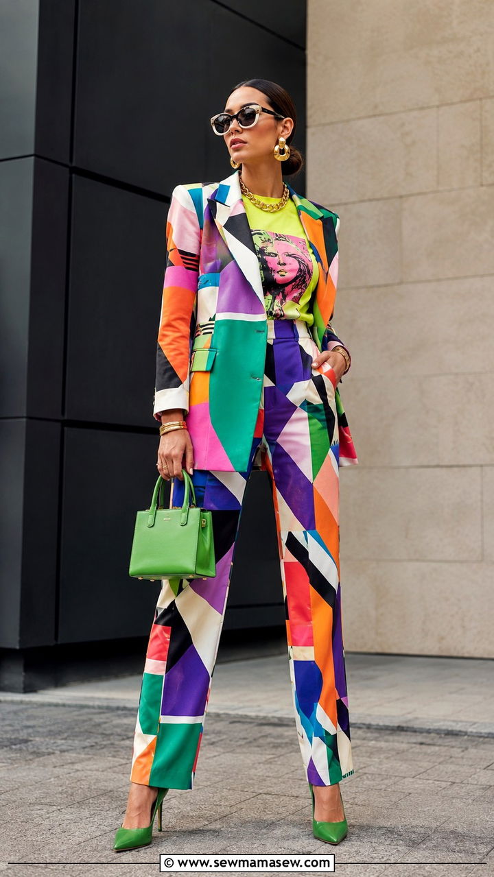 Bold Printed Suit With Graphic Tee And Heels - 30 maximalist outfits ideas