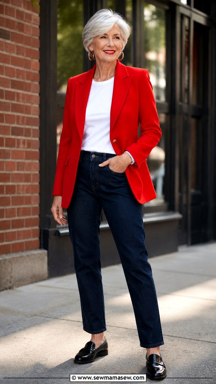 Bold Red Blazer With Dark Denim and a White Tee - 30 Trendy outfit ideas for women over 60