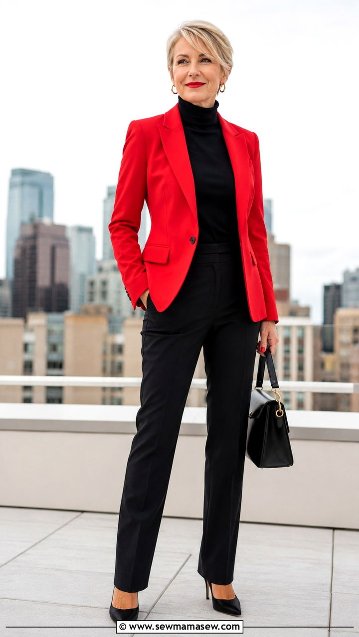 Bold Red Blazer with Black Turtleneck - 25 blazer outfits for women over 40