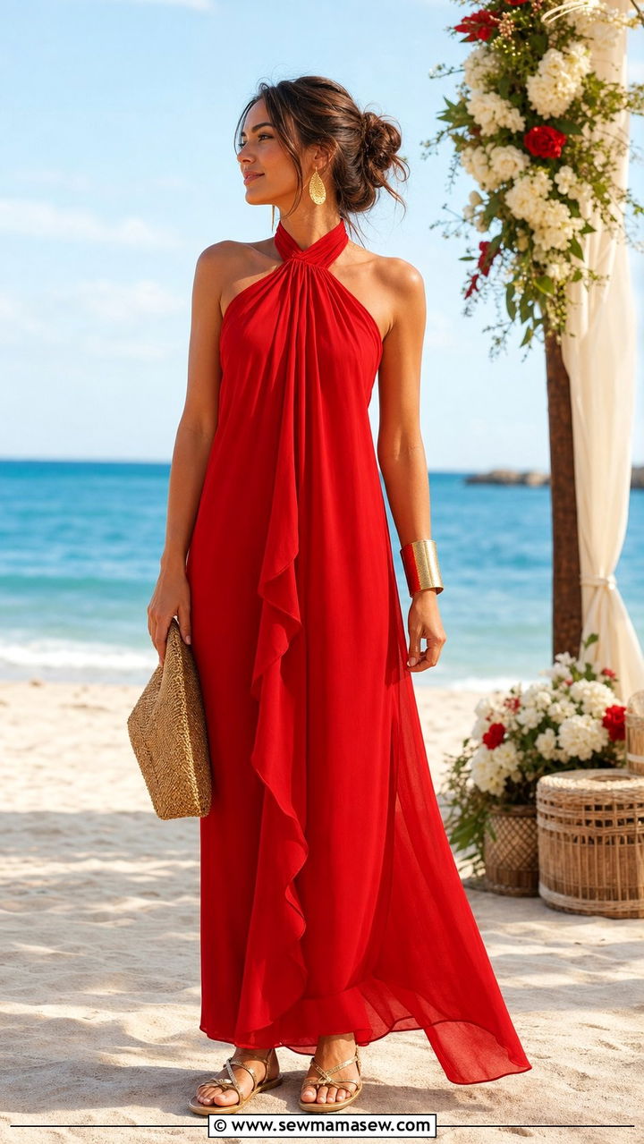 Bold Red Maxi Dress With Gold Sandals - 35 Beach wedding guest outfit ideas