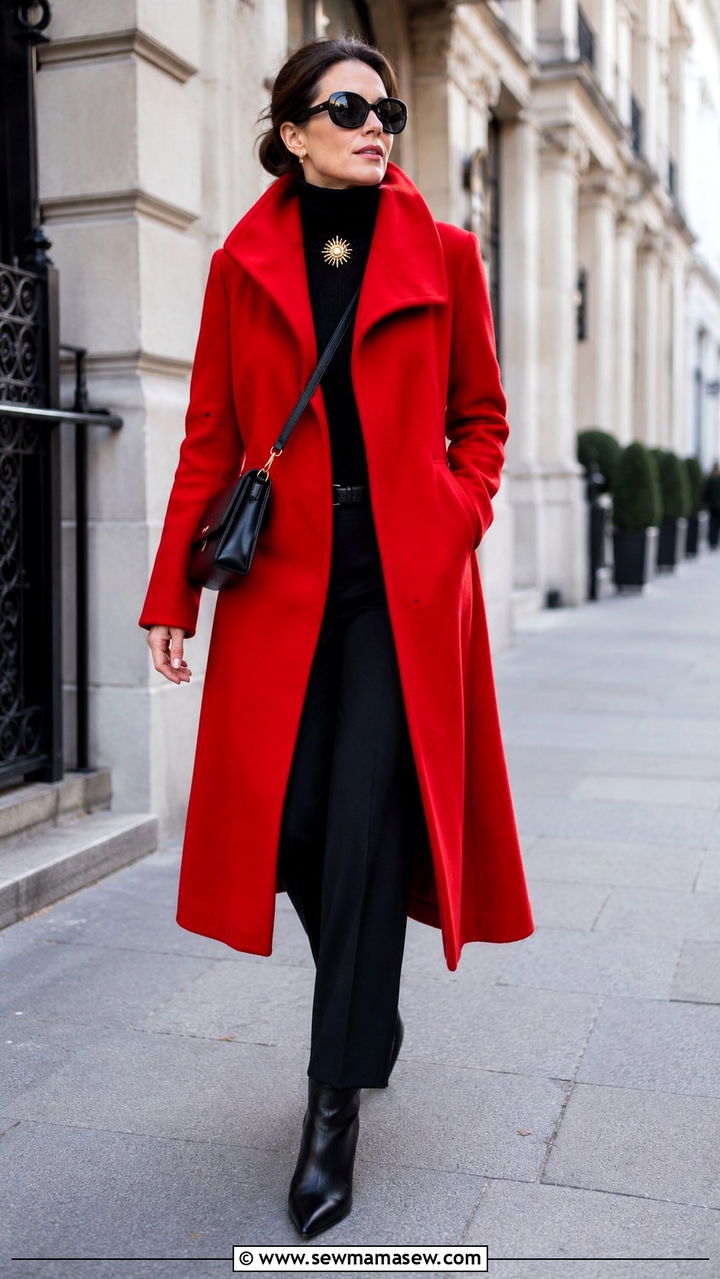 Bold Red Statement Coat over an All Black Base Outfit - 30 maximalist outfits 2026