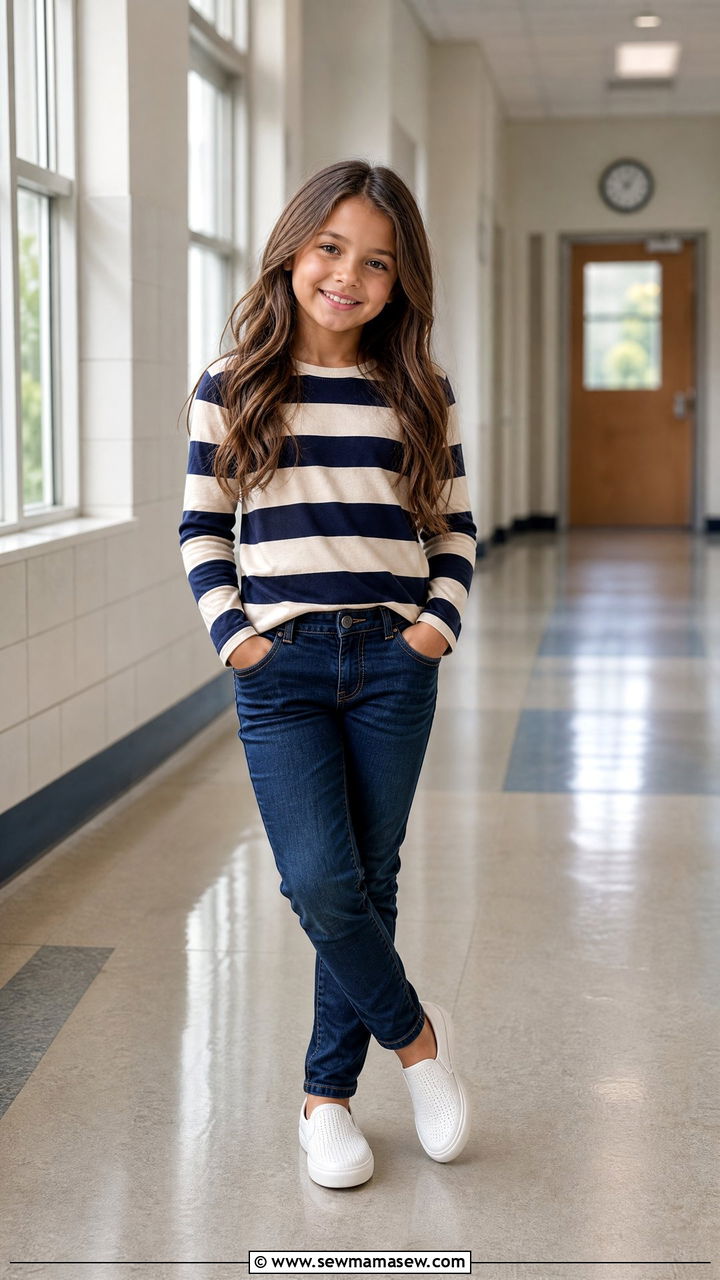 Bold Stripe Top With Solid Pants - 30 Elementary school picture day outfit ideas