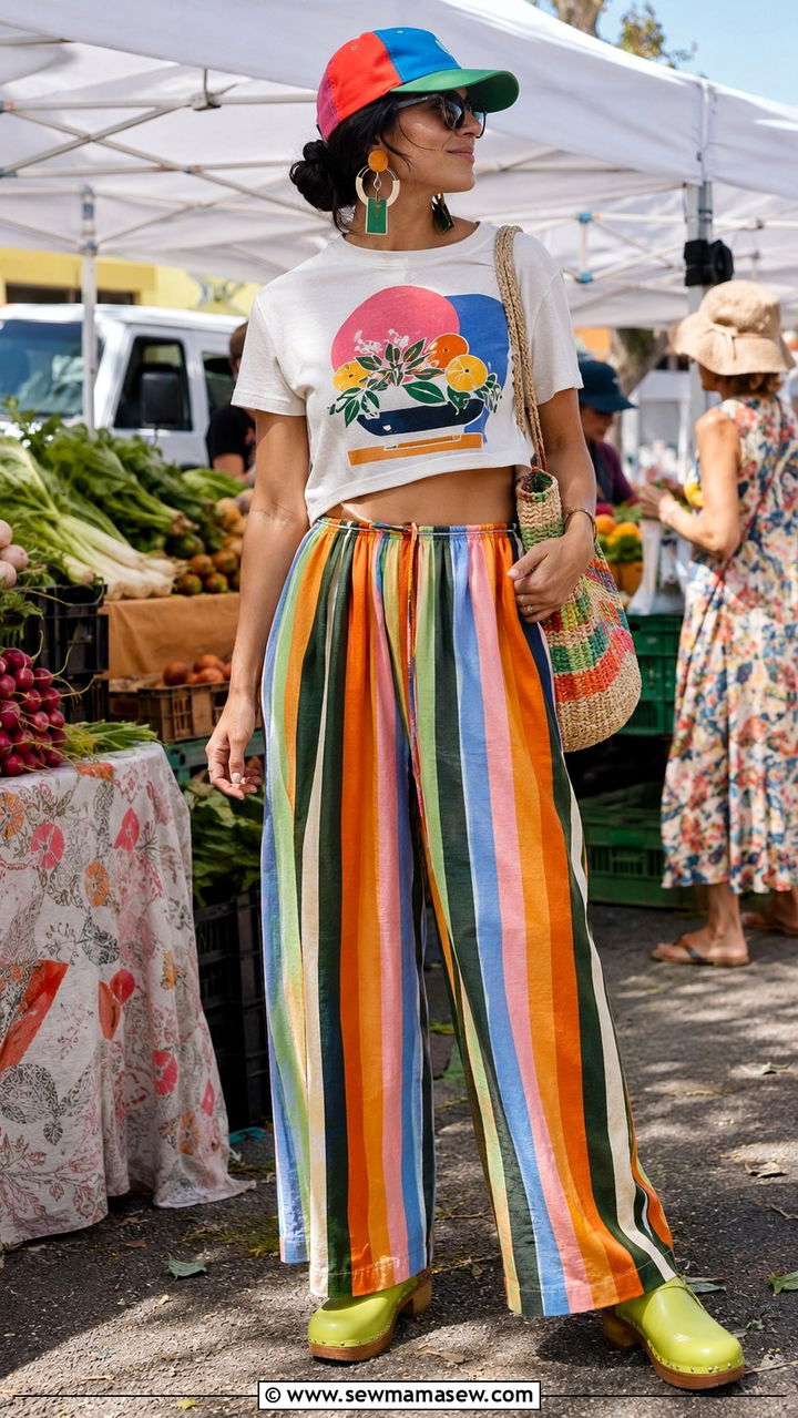 Bold Striped Pants With A Graphic Tee And Colorful Clogs - 30 casual maximalist outfits