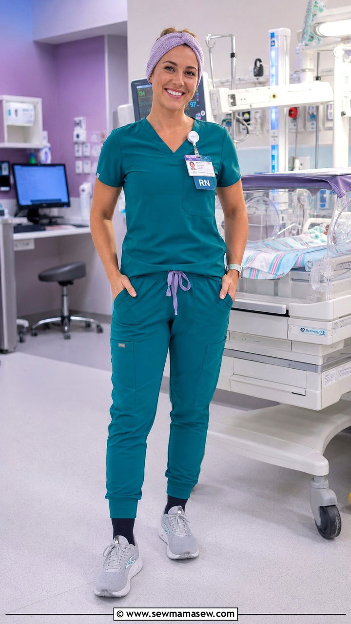 Bold Teal Scrub Set With Knit Fabric Headband - 20 Nicu nurse outfit ideas