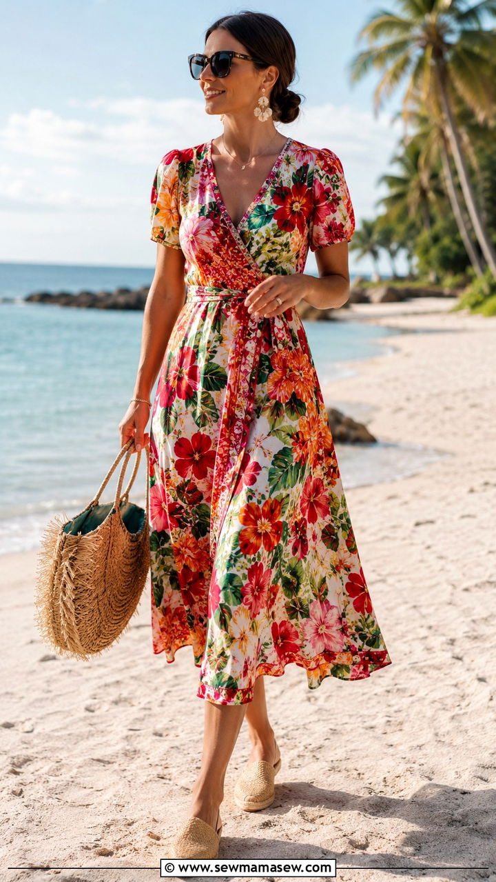 Bold Tropical Floral Dress With Espadrilles - 25 Wedding guest outfit ideas floral dress 2026