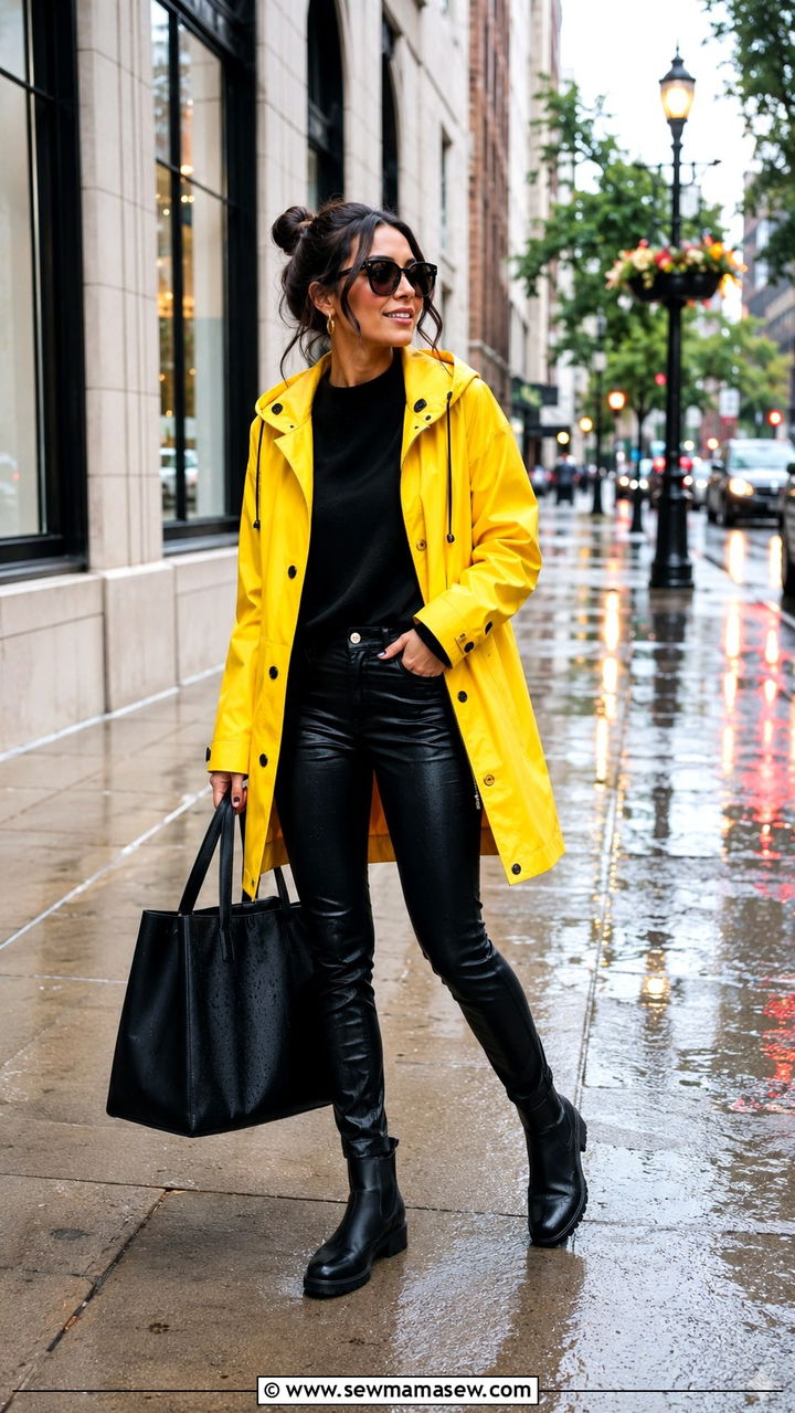 Bold Yellow Raincoat with All Black Base - 30 Rainy vacation outfit ideas
