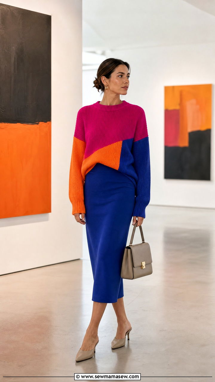 Bold color blocked sweater with midi column skirt - 25 fashion inspo outfits 2026