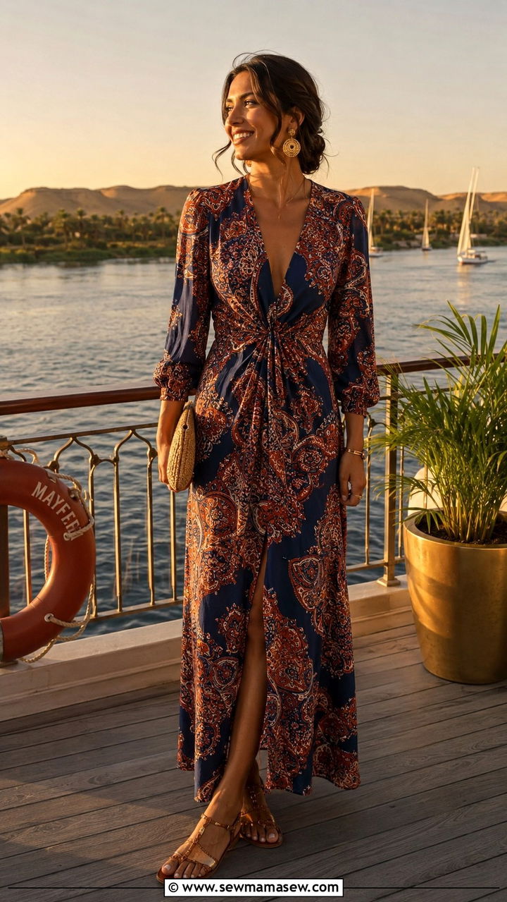 Bold patterned maxi dress with flat strappy sandals - 30 Nile cruise outfit ideas