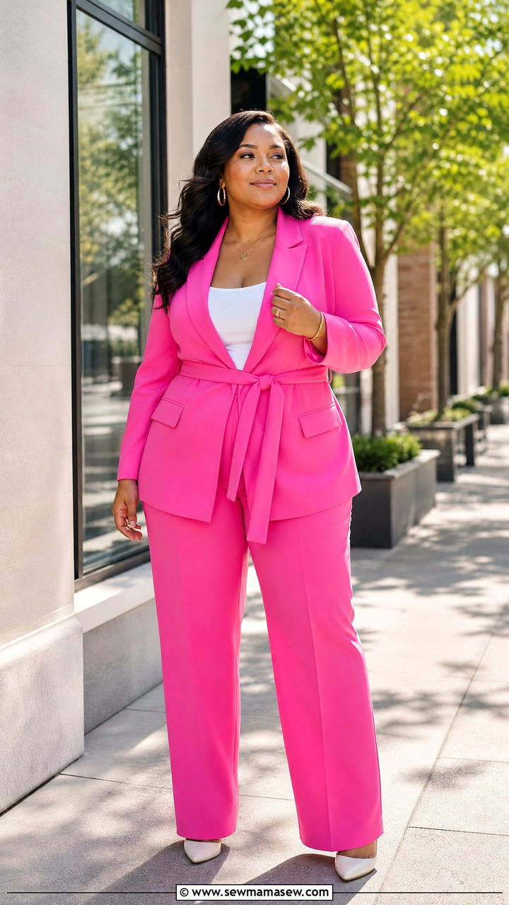 Bold pink suit with wide leg pants - 30 Plus size outfit ideas spring 2026