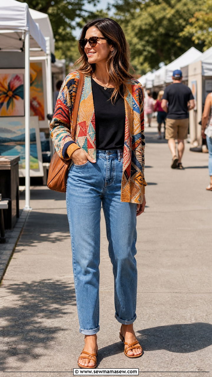 Bold print cardigan with mom jeans and simple flat sandals - 30 Mom jeans outfit ideas with a cardigan