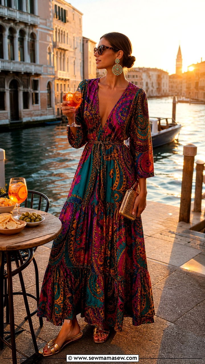 Bold print maxi dress for Venice aperitivo - 40 What to wear in Venice