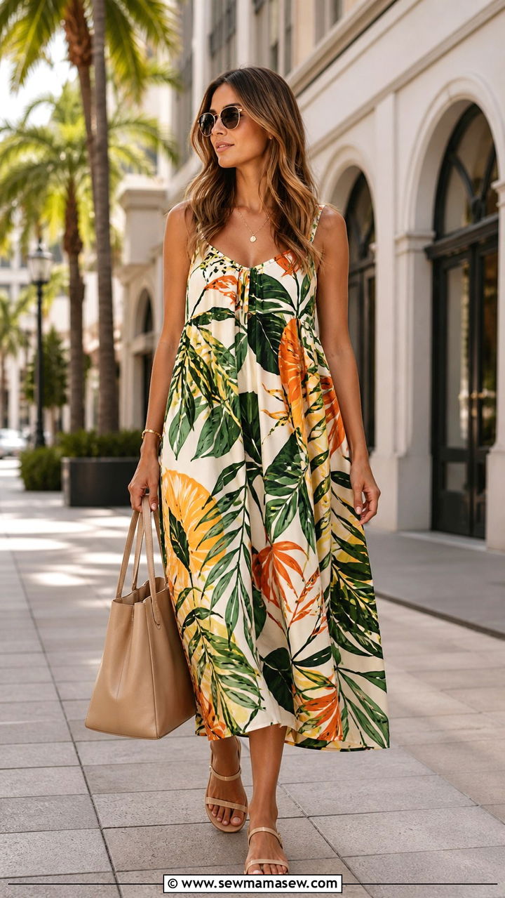 Bold print sundress with neutral accessories - 40 summer sundress outfit ideas