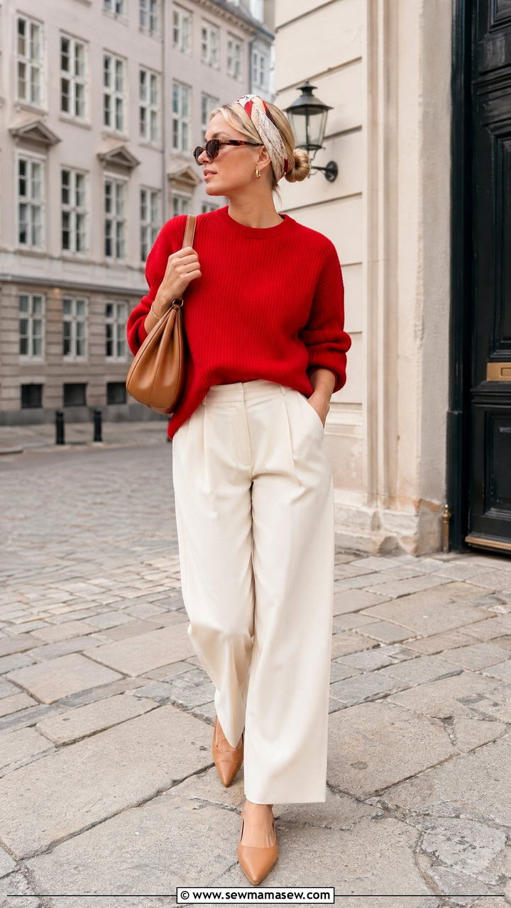 Bold red sweater with cream trousers outfit - 35 Copenhagen outfits