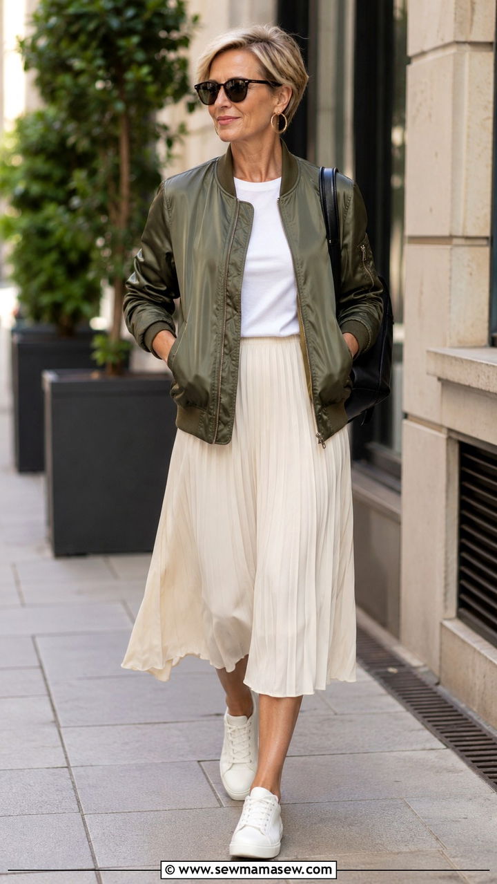 Bomber Jacket And Midi Skirt Mom Outfit - 30 Outfit ideas for women over 50 school drop off