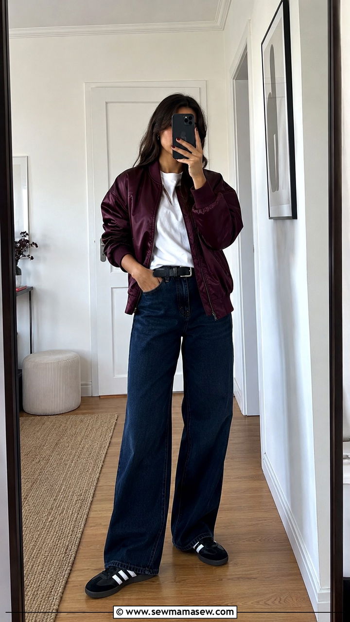 Bomber Jacket And Wide Leg Jeans With Adidas Samba - 20 How to style Adidas Samba