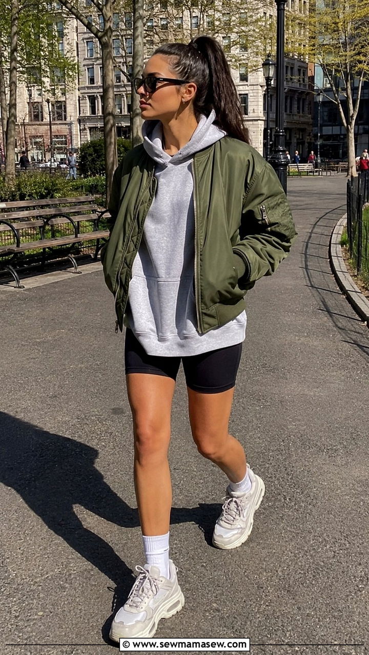 Bomber Jacket Bike Shorts Oversized Hoodie Outfit - 25 transitional weekend outfit ideas