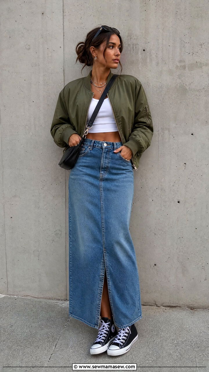 Bomber Jacket Cropped Tank and High Top Sneakers With a Denim Maxi Skirt - 30 denim maxi skirt outfit ideas
