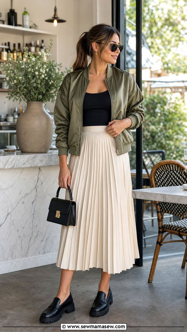 Bomber Jacket With A Pleated Midi Skirt And Chunky Loafers - 25 classy streetwear outfits