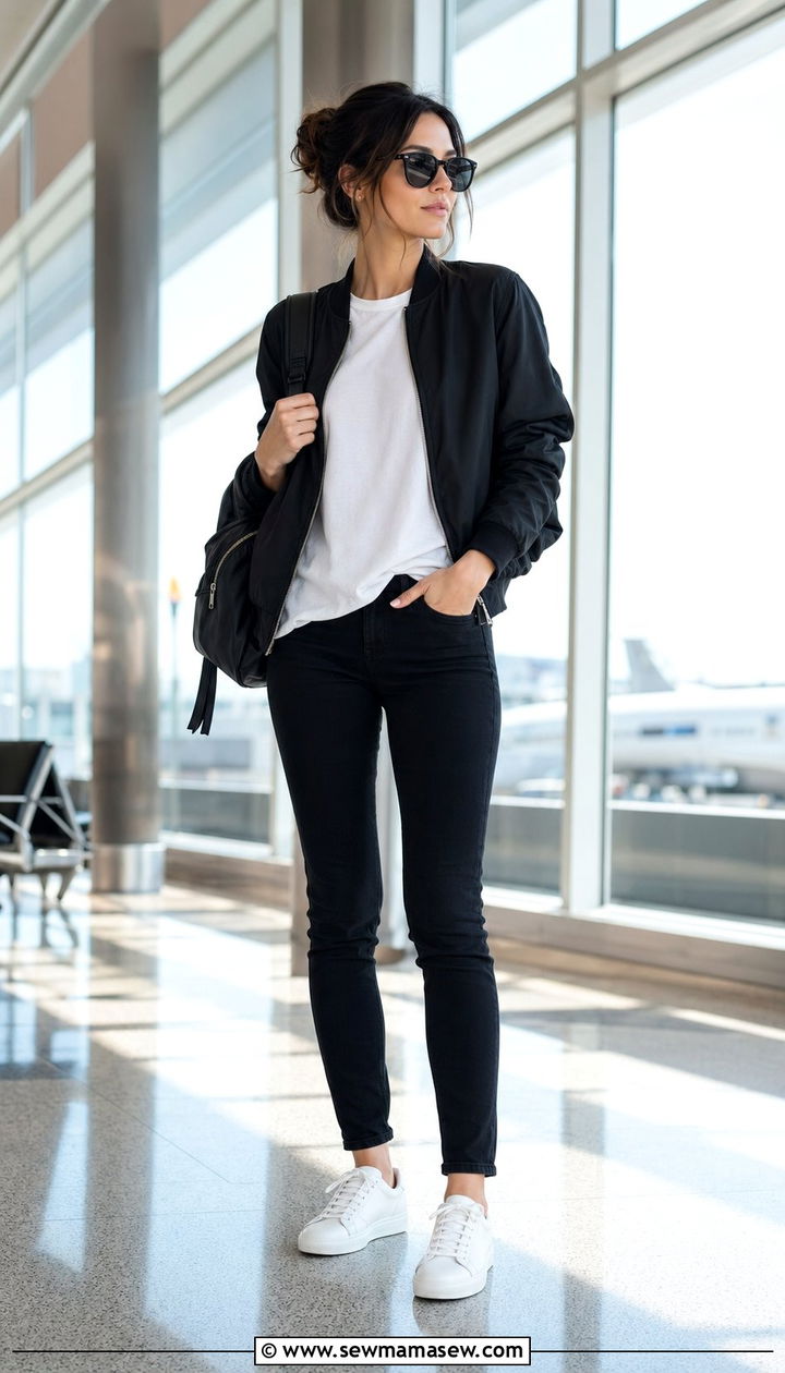 Bomber Jacket With Black Jeans And White Sneakers - 35 Airport outfit ideas with sneakers