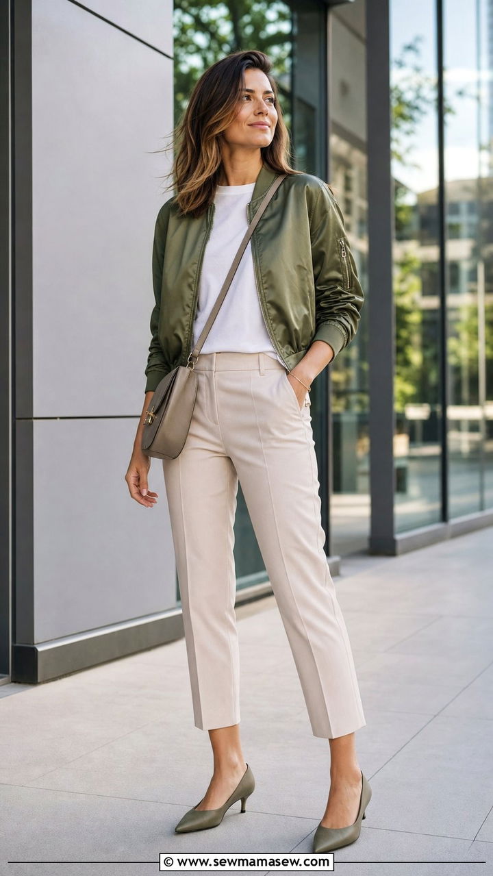 Bomber Jacket With Cropped Trousers And Low Heels - 25 spring business meets athletic outfit ideas