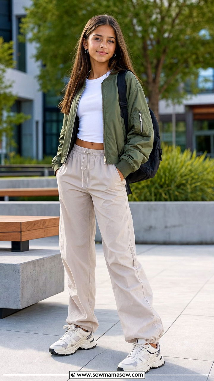 Bomber Jacket With Fitted Tee and Parachute Pants - 35 Back to school outfit ideas 8th grade