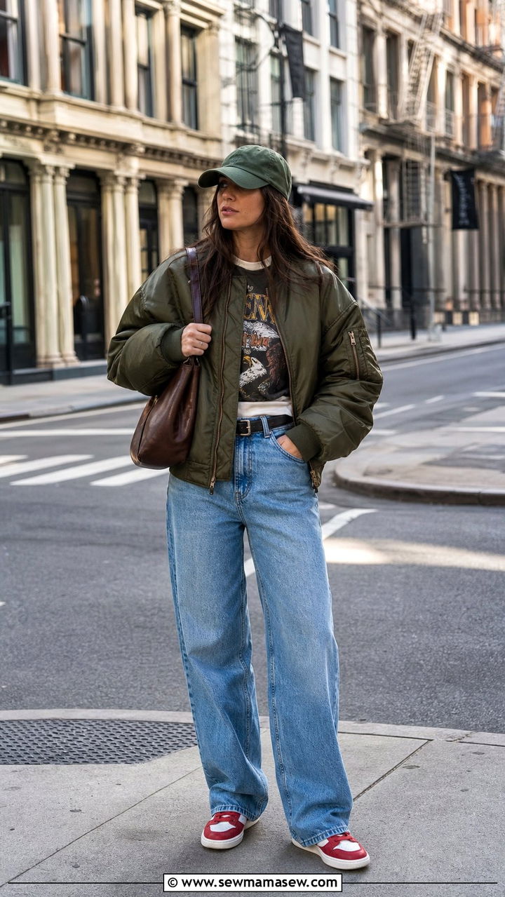 Bomber Jacket With Graphic Tee And Baseball Cap - 25 spring outfits with baseball cap