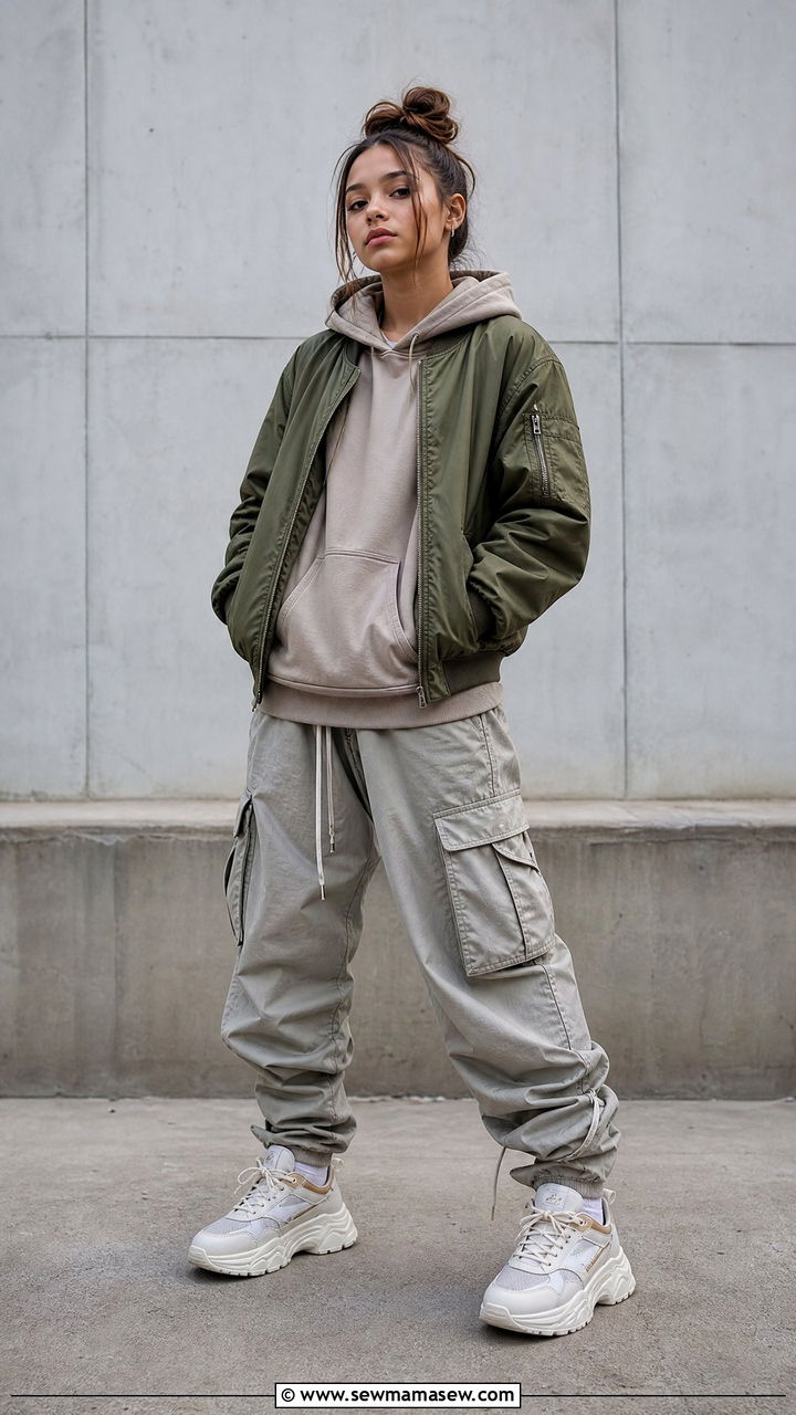 Bomber Jacket With Hoodie And Parachute Pants - 35 Middle school outfit ideas
