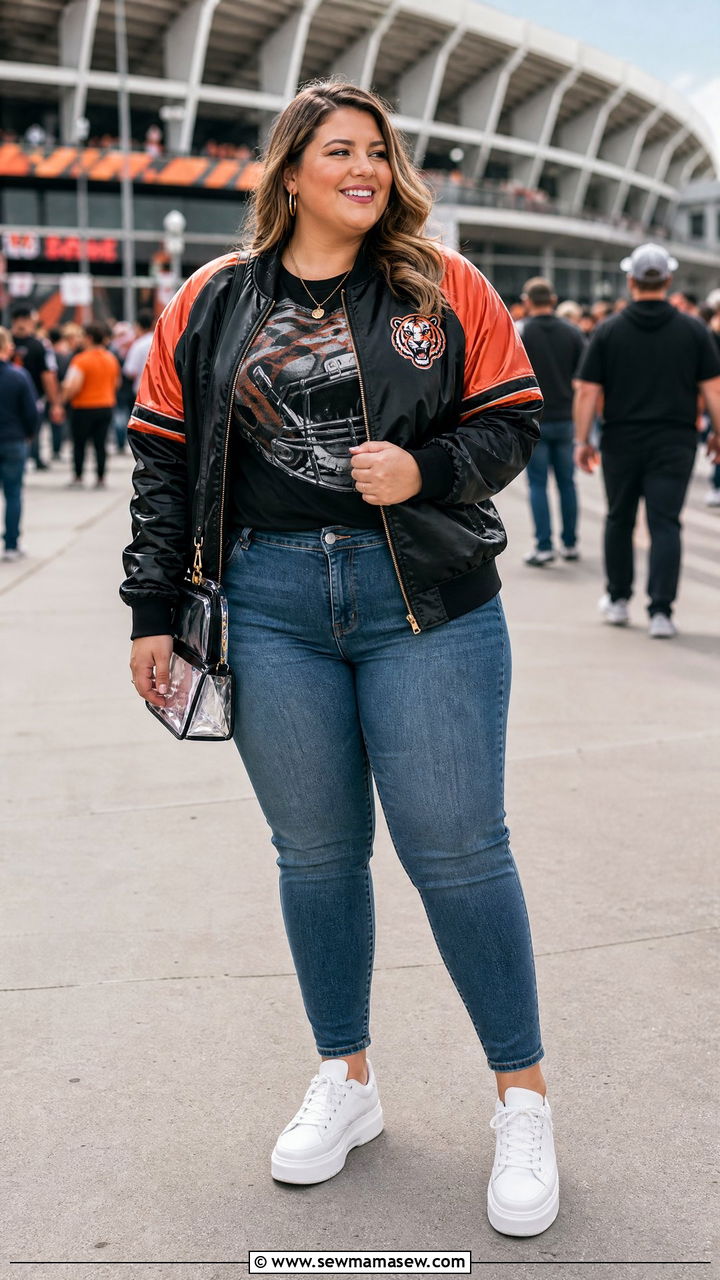 Bomber Jacket With Jeans And Graphic Tee - 30 Football game outfit ideas plus size