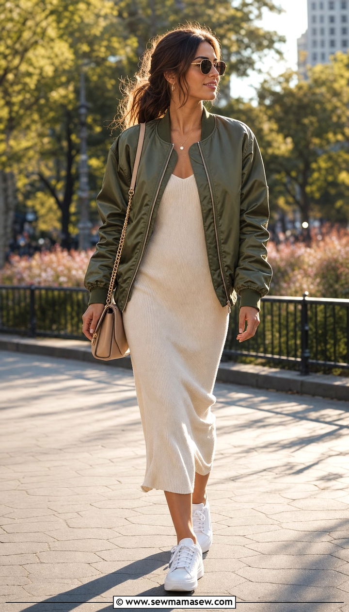 Bomber Jacket With Midi Dress and Sneakers - 25 Sporty chic outfit ideas walking