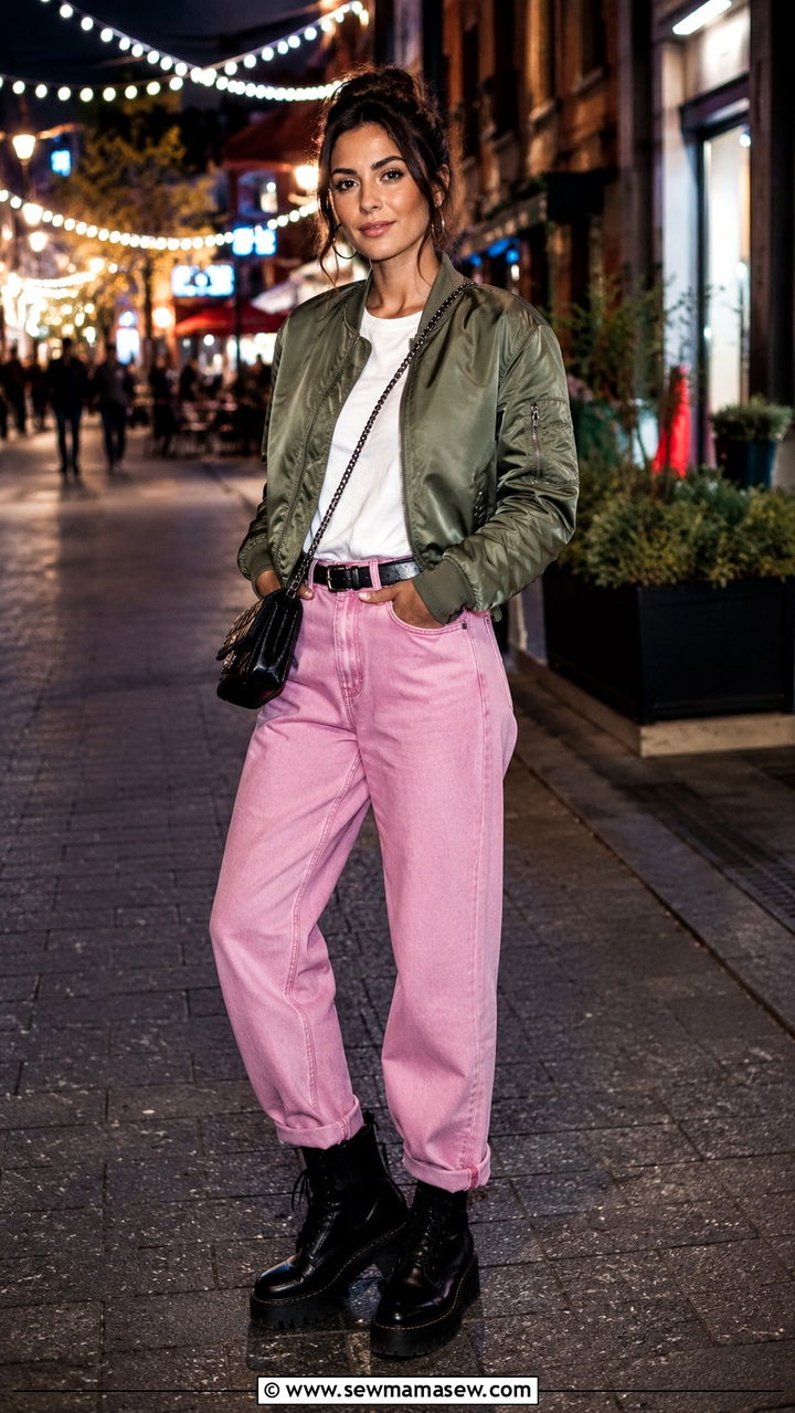 Bomber Jacket With Pink Jeans and Lug Sole Boots - 30 Pink jeans outfit ideas