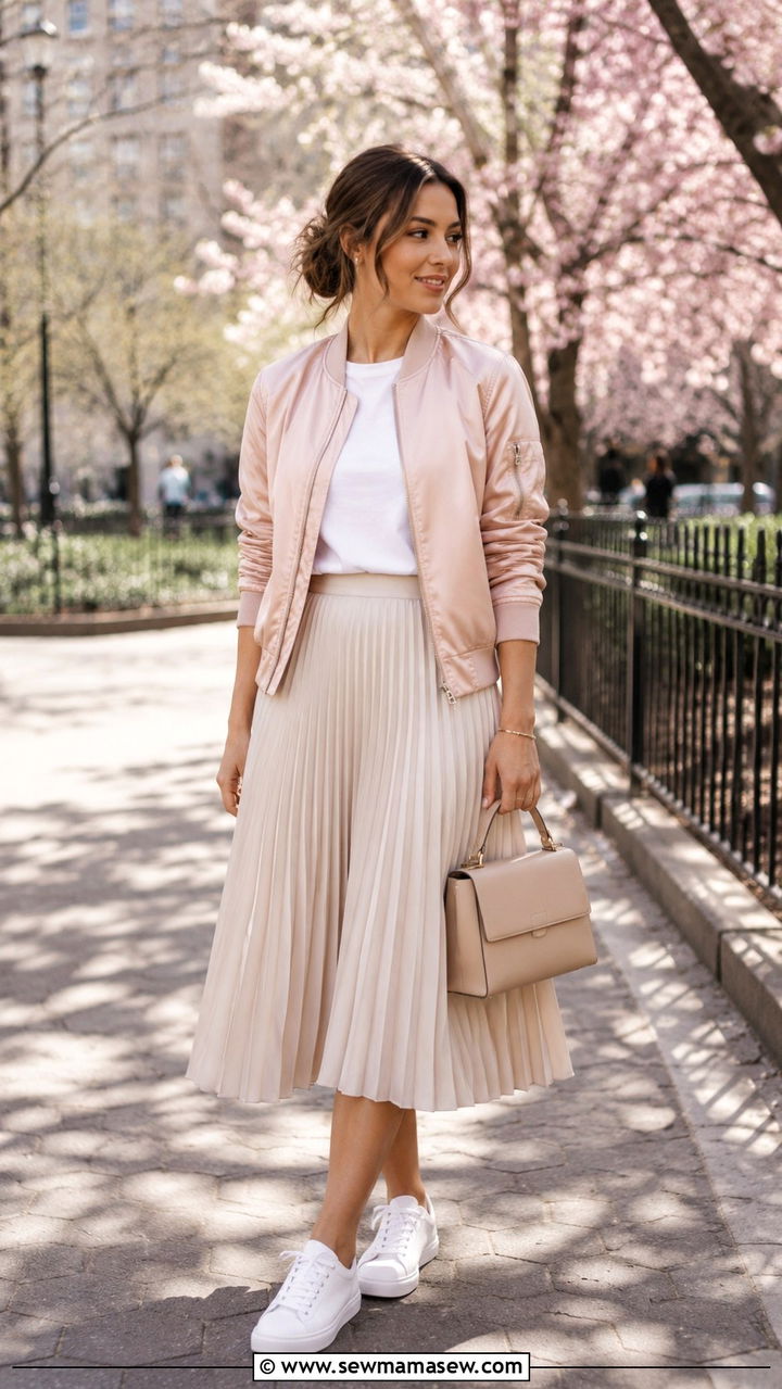 Bomber Jacket With Pleated Midi Skirt - 30 spring sporty chic outfit ideas