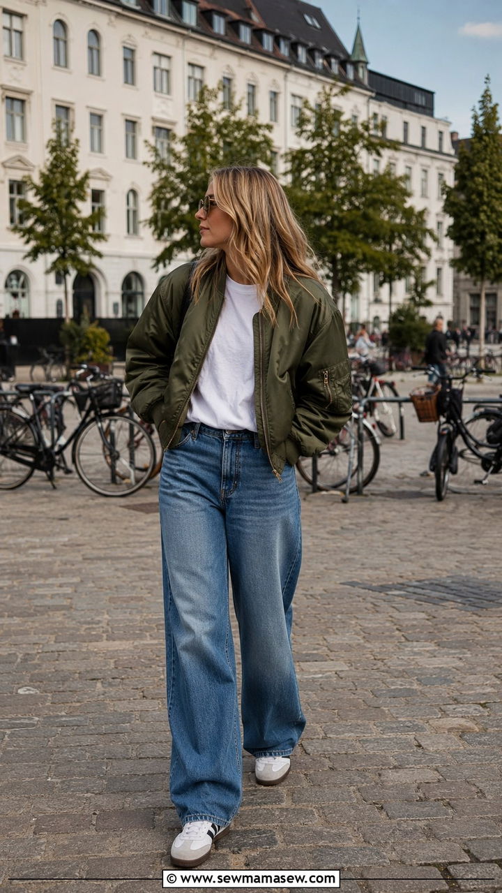 Bomber Jacket With Relaxed Jeans And Retro Sneakers - 30 casual scandinavian outfits