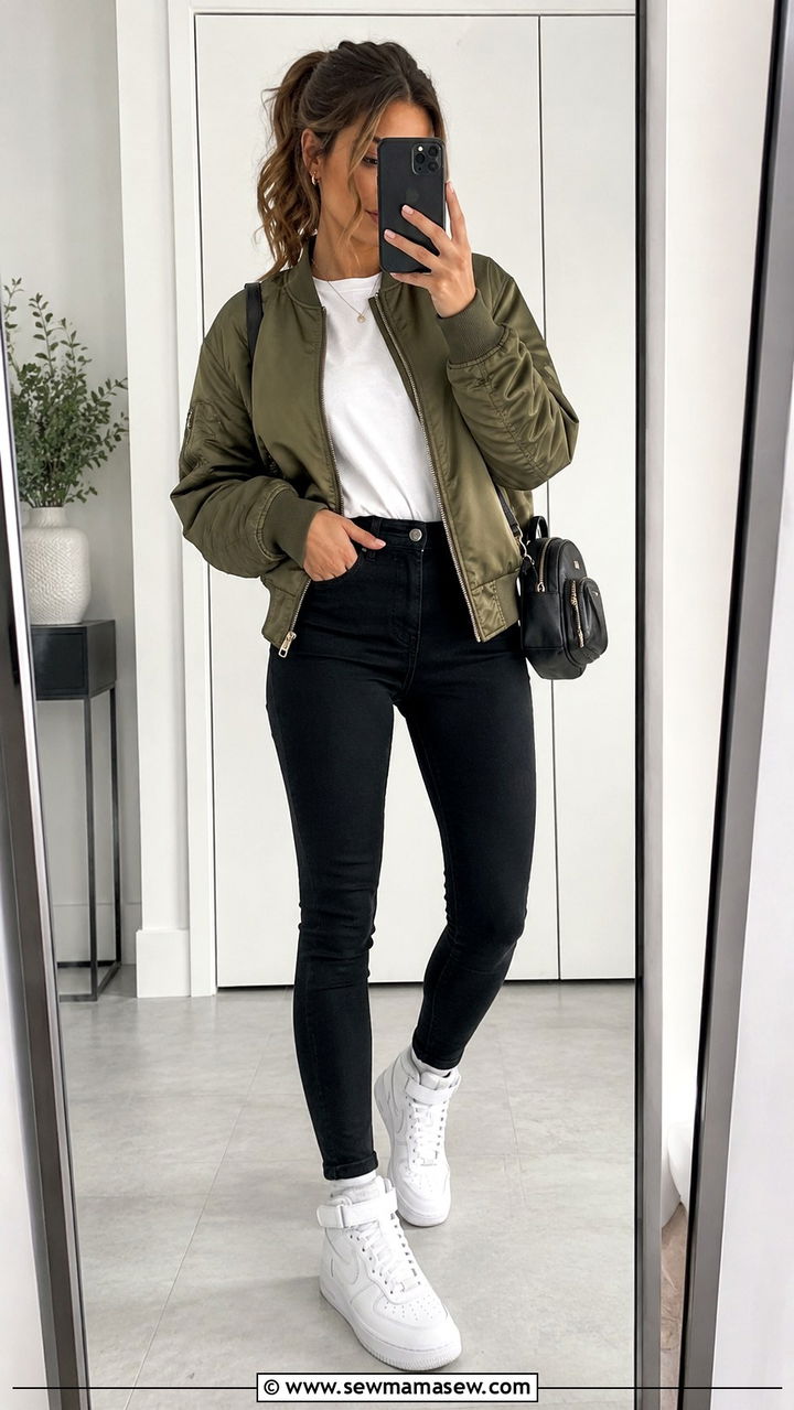 Bomber Jacket With Skinny Jeans And High Top Sneakers - 30 Sporty chic outfit ideas with jeans