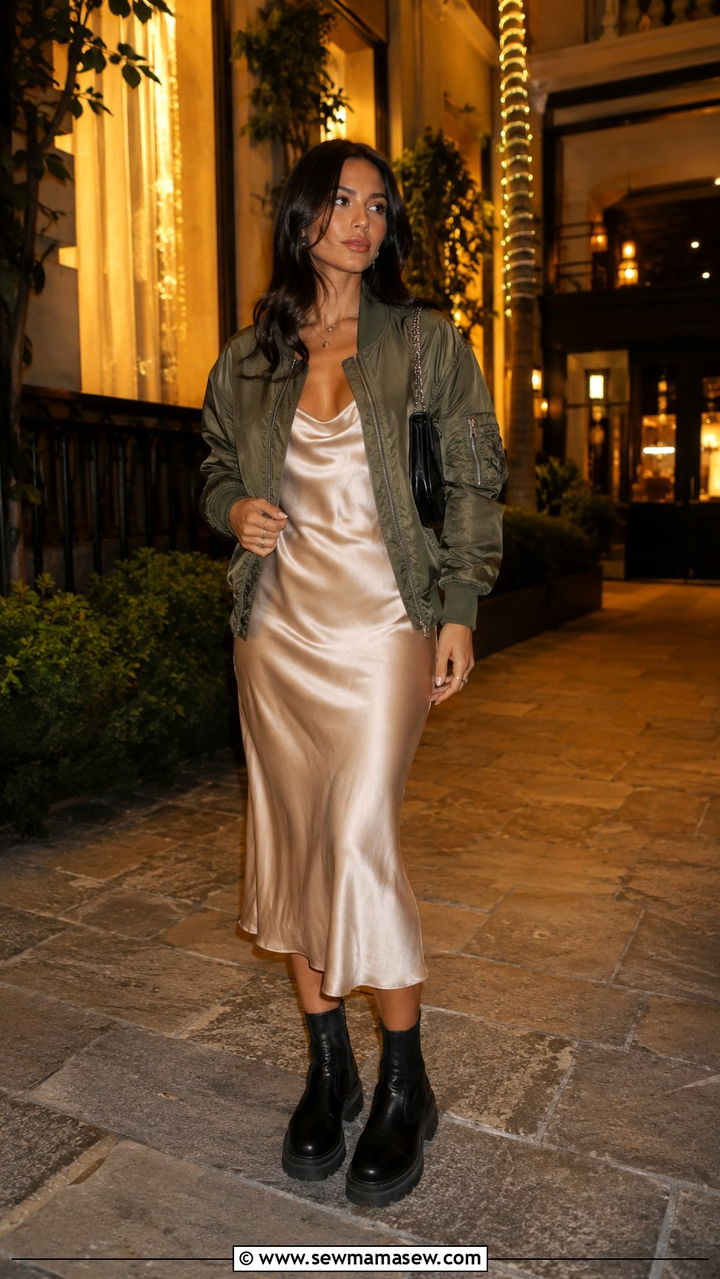 Bomber Jacket With Slip Dress And Chunky Boots - 30 transitional everyday outfits for women