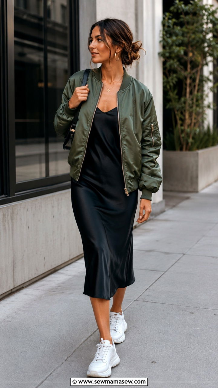 Bomber Jacket With Slip Dress And Chunky Sneakers - 30 cute summer to fall outfits