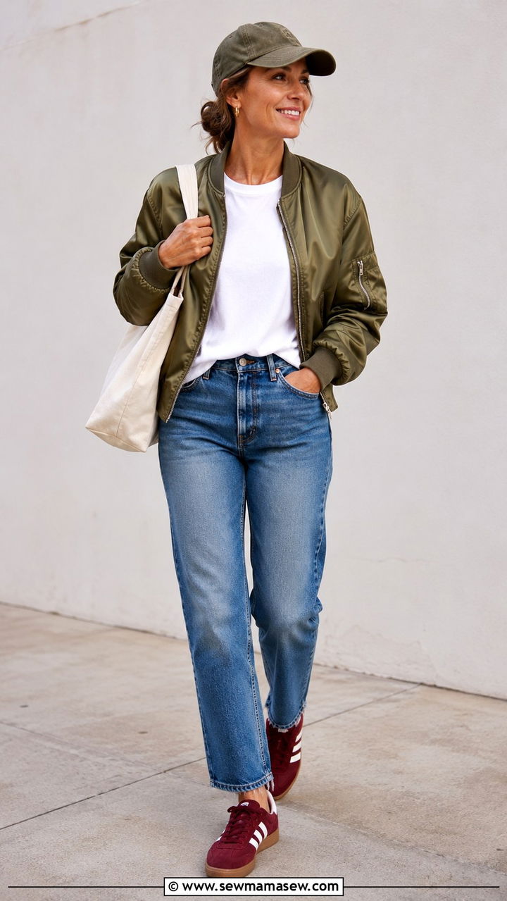 Bomber Jacket With Straight Leg Jeans And Retro Sneakers - 30 Sporty chic outfit ideas for women over 40