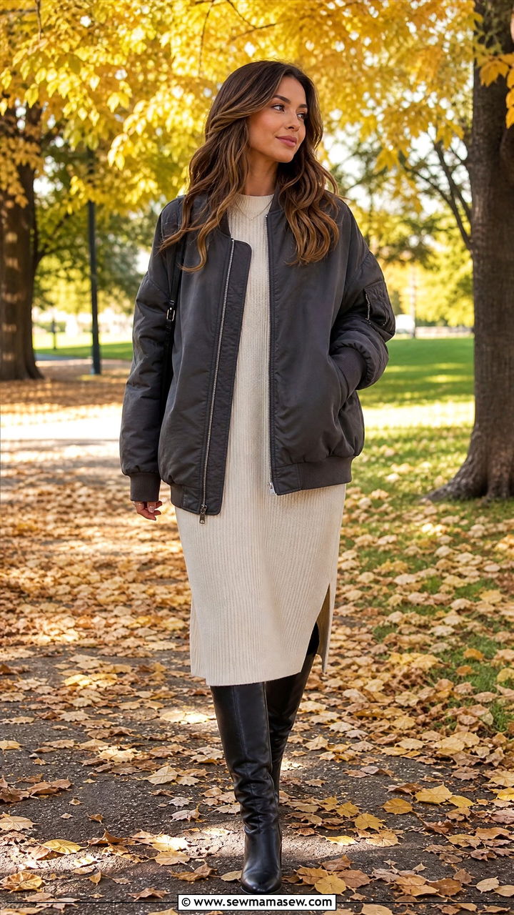 Bomber Jacket With Sweater Dress - 25 chic bomber jacket outfit ideas