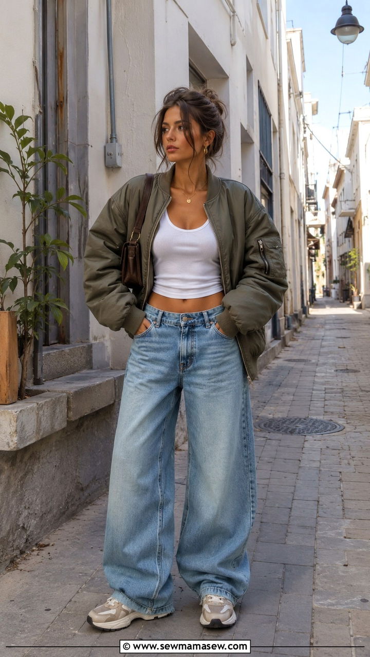 Bomber Jacket With Wide Leg Jeans - 25 wide leg jeans outfits aesthetic