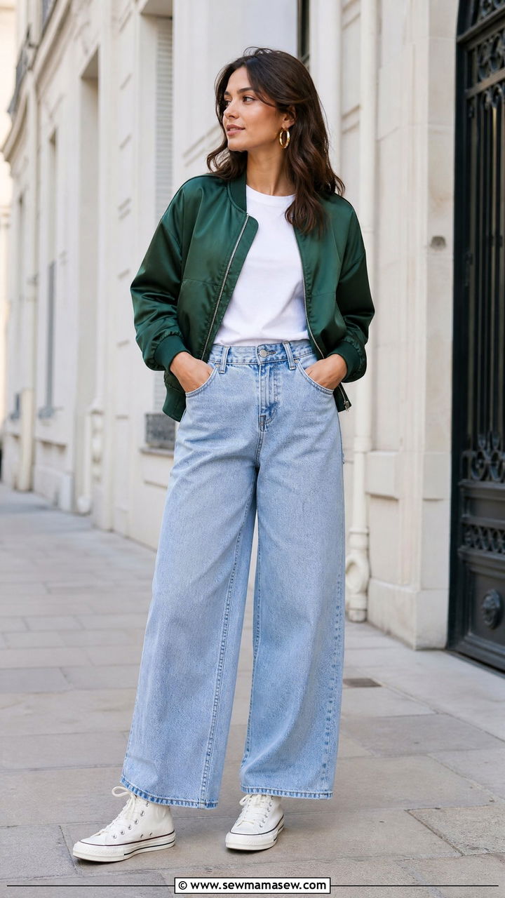 Bomber Jacket With Wide Leg Jeans And High Top Sneakers - 30 streetwear outfits ideas