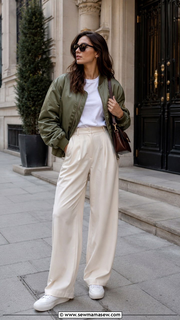 Bomber Jacket With Wide Leg Trousers and Clean Sneakers - 30 Sporty spring outfit ideas